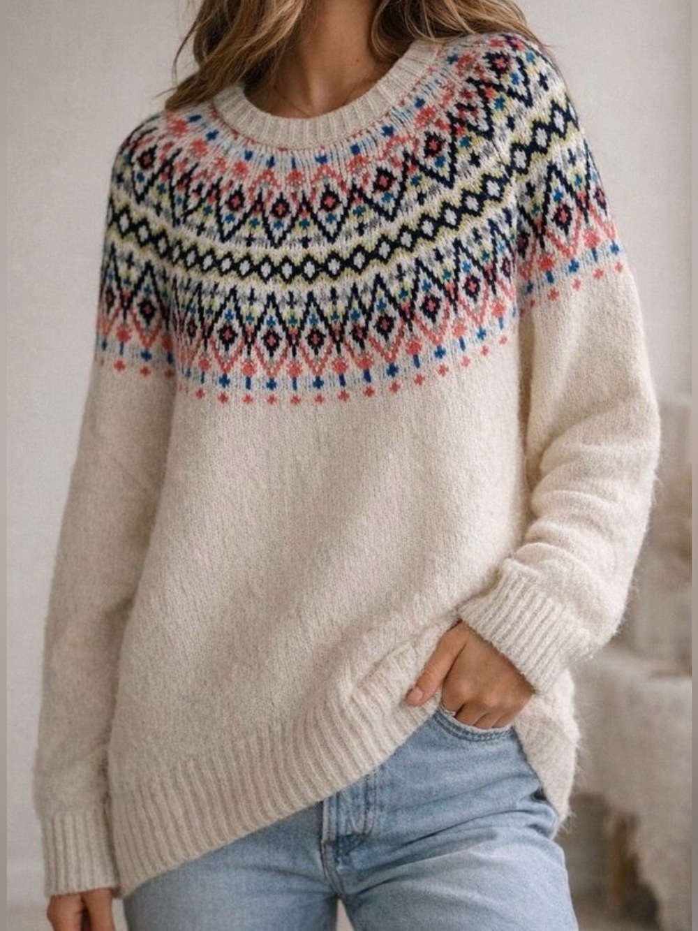 Aerie Off-White/Cream Sweater Multicolored Fair Isle Design Nordic Size M